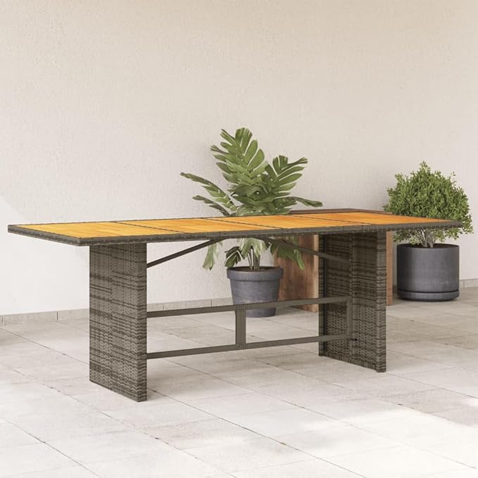 vidaXL Patio Table - Acacia Wood top/Outdoor Furniture - Gray Poly Rattan - Weather 74.8"x31.5"x29.5" - Photo 2