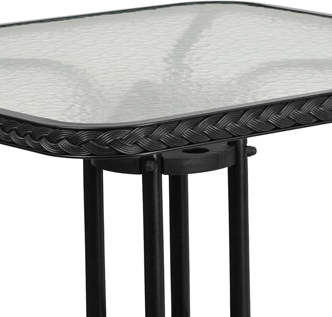 Flash Furniture Barker 28'' Square Tempered Glass Metal Table with Black Rattan Edging