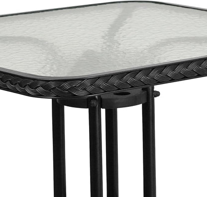 Flash Furniture Barker 28'' Square Tempered Glass Metal Table with Black Rattan Edging