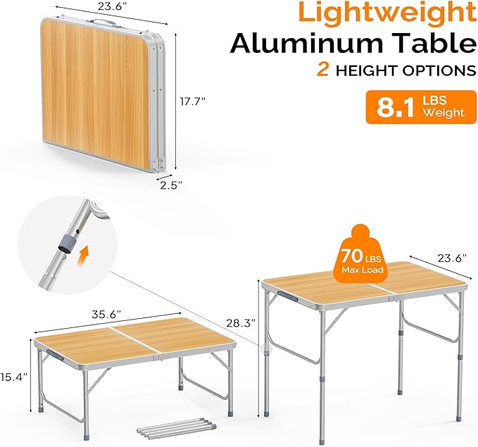 VINGLI 3FT Small Camping Table Adjustable Height Aluminum Folding Table for Picnic Party BBQ - Photo 2