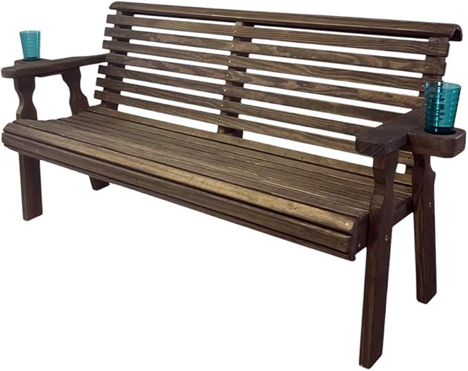 Amish Casual Heavy Duty Pressure Treated 4 Foot Outdoor Garden Bench with Cup Holders - Amish Crafted Roll Back Design in Dark Walnut Stain, 700 Lb Weight Capacity