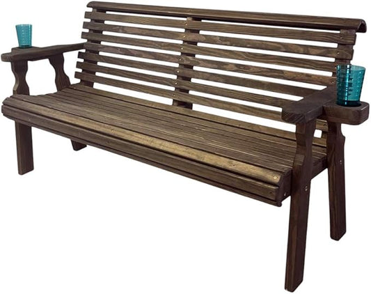 Amish Casual Heavy Duty Pressure Treated 4 Foot Outdoor Garden Bench with Cup Holders - Amish Crafted Roll Back Design in Dark Walnut Stain, 700 Lb Weight Capacity