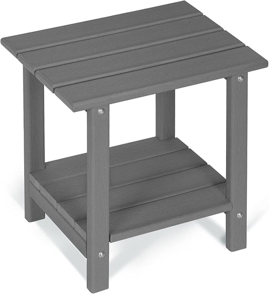 2 Tier Outdoor Side Table with Wood-Like Grain, 16.6" HDPE Adirondack Table Patio Side Table, Weather Resistant End Table for Pool, Patio & Porch, Small Outdoor Table (Grey, Rectangle)