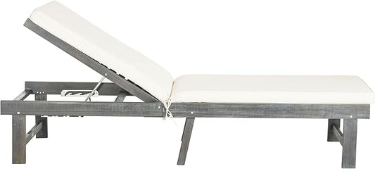 SAFAVIEH Outdoor Collection Inglewood Ash Grey Solid Wood/Beige Cushion Adjustable Chaise Lounge Chair (PAT6723D)