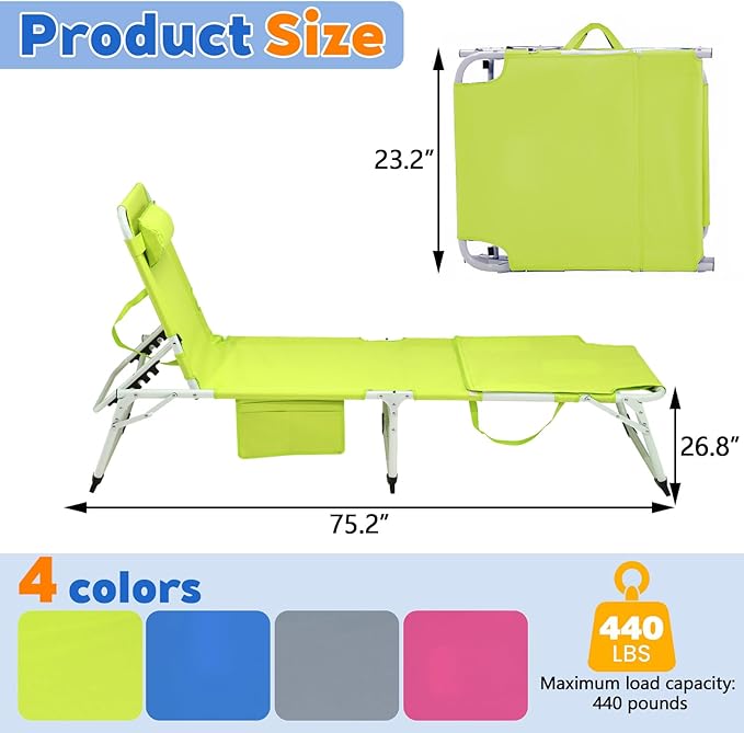 3-in-1 Heavy Duty Tanning Chair with Face Hole Adjustable 5-Position Folding Chaise Lounge Chairs Portable Lay Flat Beach Lounge Chair for Outdoor Sunbathing Patio Pool Lawn Camping Deck (Green)