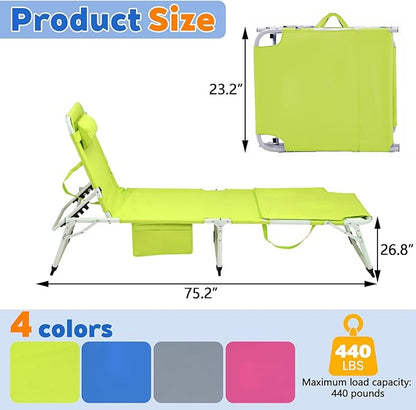 3-in-1 Heavy Duty Tanning Chair with Face Hole Adjustable 5-Position Folding Chaise Lounge Chairs Portable Lay Flat Beach Lounge Chair for Outdoor Sunbathing Patio Pool Lawn Camping Deck (Green)