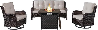 Belord 4 Piece Patio Wicker Furniture Set, Outdoor Swivel Rocker Chairs, All Weather Outdoor Patio Couch with Fire Pit Table for Deck Porch, Brown Wicker/Beige
