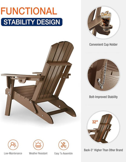 Adirondack Chair with Cup Holder: Folding Adirondack Chairs Plastic HDPE Material Furniture - Composite Fire Pit Chairs Foldable for Outdoor/Backyard/Garden/Lawn/Deck/Porch/Patio