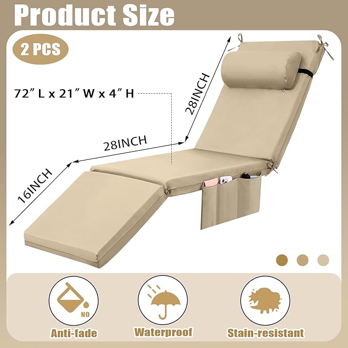 RattanView 2 Pcs Outdoor Chaise Lounge Cushion with Pillow and Side Pockets Waterproof Lounge Chair Cushions for - Photo 2