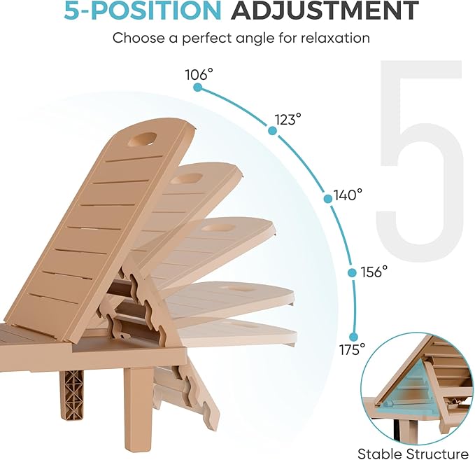 Outdoor Chaise Lounge Set of 2, 5-Position Adjustable Sun Lounge w/Pull-Out Tray, Waterproof PP Lounge Chairs for Outside, Lounge Chairs for Poolside, Patio, Beach, Yard in All Weather,Brown
