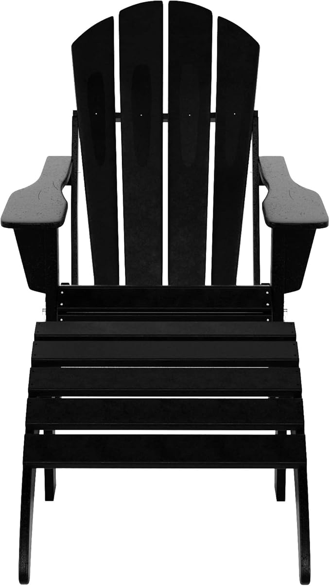WestinTrends Malibu Outdoor Lounge Chair, 2-Pieces Adirondack Chair Set with Ottoman, All Weather Poly Lumber Patio Lawn Folding Chairs for Outside Pool Garden Backyard Beach, Black