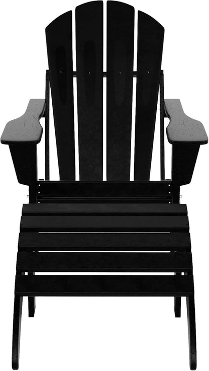 WestinTrends Malibu Outdoor Lounge Chair, 2-Pieces Adirondack Chair Set with Ottoman, All Weather Poly Lumber Patio Lawn Folding Chairs for Outside Pool Garden Backyard Beach, Black