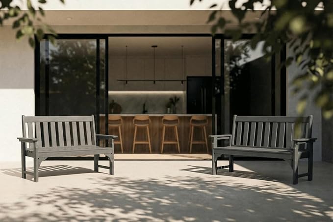 HDPE Garden Bench, All Weather 2-Person Outdoor Benches, Rust Free & Fade Resistant Patio Benches for Garden, Porch, Backyard, Deck, Lawn, Balcony, Poolside (Grey, 2 Benches)