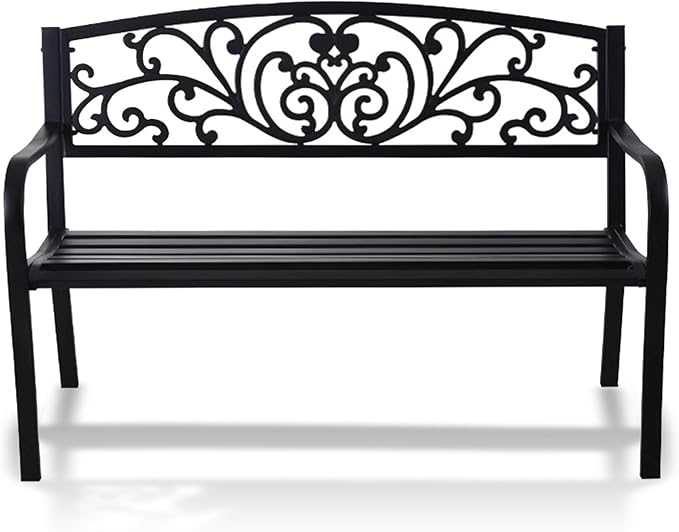 Outdoor Metal Garden Bench, Patio 3 Seater Steel Bench, Outdoor Furniture Seat w/Backrest and Armrests for Backyard, Park, Front Porch(Black)
