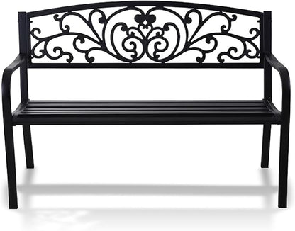 Outdoor Metal Garden Bench, Patio 3 Seater Steel Bench, Outdoor Furniture Seat w/Backrest and Armrests for Backyard, Park, Front Porch(Black)