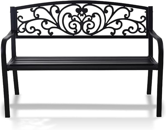 Outdoor Metal Garden Bench, Patio 3 Seater Steel Bench, Outdoor Furniture Seat w/Backrest and Armrests for Backyard, Park, Front Porch(Black)