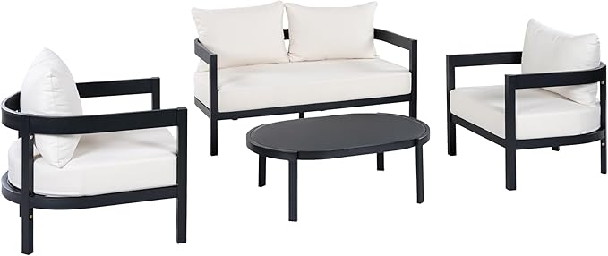 Merax 4 Piece Patio Outdoor Furniture Set, All-Weather Curved Aluminum Loveseat Sofa, 2 Armchairs w/Coushions - Photo 3