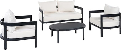 Merax 4 Piece Patio Outdoor Furniture Set, All-Weather Curved Aluminum Loveseat Sofa, 2 Armchairs w/Coushions,Oval Coffee Table, Conversation Set for Backyard Deck Poolside, Seats 5 Adult, Black