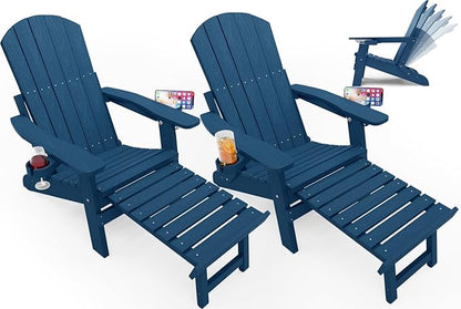 YEFU Adirondack Chair with Retractable Ottoman: Folding Adirondack Chairs Set of 2-5-Level Adjustable Backrest with Footrest - Fire Pit Chairs - 2 Cup Holder - Outdoor Plastic Chair for Patio(Navy)