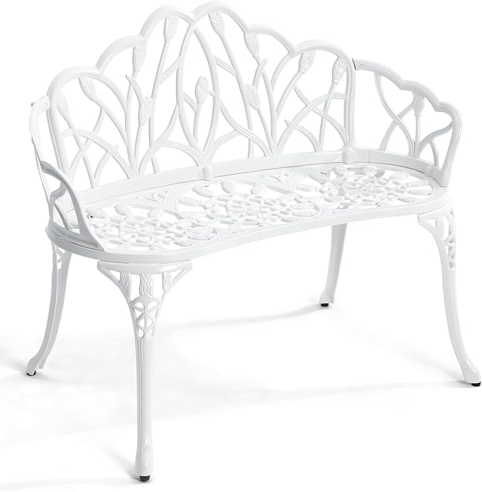 Outdoor Bench, Cast Aluminum Double Seating with Backrest and Armrests, Mental Outdoor Furniture for Patio, Porch, Garden, Park, White Tulip