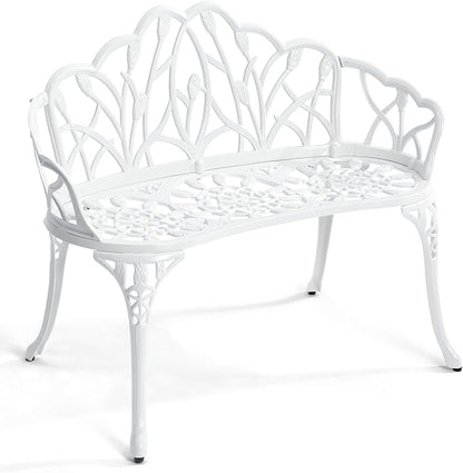 Outdoor Bench, Cast Aluminum Double Seating with Backrest and Armrests, Mental Outdoor Furniture for Patio, Porch, Garden, Park, White Tulip