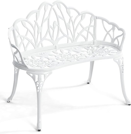 Outdoor Bench, Cast Aluminum Double Seating with Backrest and Armrests, Mental Outdoor Furniture for Patio, Porch, Garden, Park, White Tulip