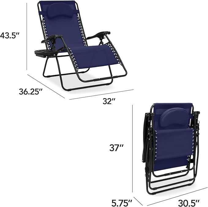 Best Choice Products Oversized Zero Gravity Chair, Folding Outdoor Patio Lounge Recliner w/Cup Holder Accessory Tray, Pillow - Navy