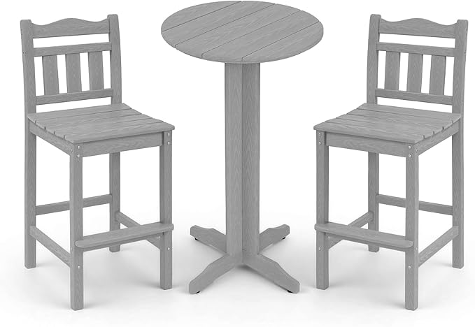 3-Piece Outdoor Bar Set, HDPE Adirondack Bar Height Chairs Set of 2 and Round Bar Table - Photo 1