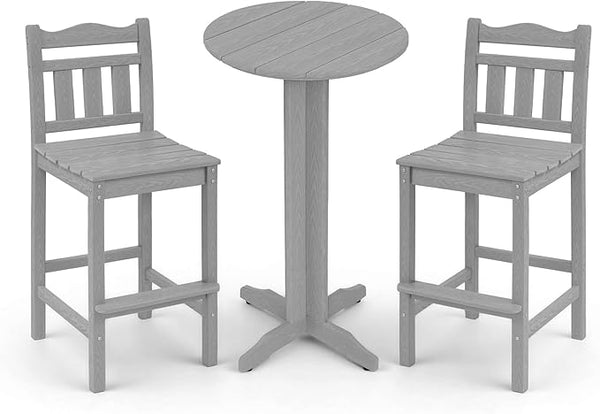 3-Piece Outdoor Bar Set, HDPE Adirondack Bar Height Chairs Set of 2 and Round Bar Table - Photo 1