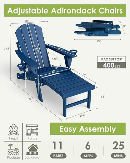 GREENVINES Adjustable Adirondack Chair with Retractable Ottoman Set of 4 | Folding | HDPE Plastic | Fire Pit Chairs w/Foot Rest | 2 Cup Holders | Blue | for Outdoor Patio Poolside Deck