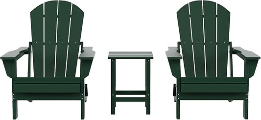 Costaelm 3 piece Patio Set, Outdoor Modern Adirondack Table and Chairs, All Weather Balcony Furniture Set Lounge Firepit Chairs for Outside Deck Garden Lawn Pool, Dark Green