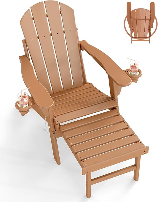 BRIOPAWS Adirondack-Chair-with-Pull-Out-Footrest | Folding | HDPE Plastic | Fire Pit Chairs | All Weather | Cup Holders | Curved Back | Retractable Ottoman | for Outdoor Deck Poolside | Teak