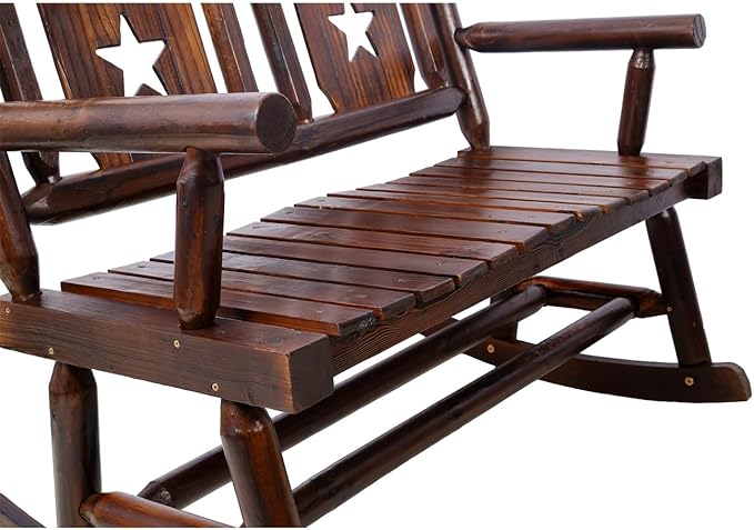 Outdoor Wood Rocking Bench Carbonized Double Rocking, Chair for 2 Persons with Wide Curved Seat, Porch Rocker for Porch, Garden, Backyard, Rustic