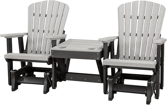 DutchCrafters Slat Fan Back Double Poly Adirondack Glider Outdoor Patio Chairs with Center Table (Black & Light Gray)