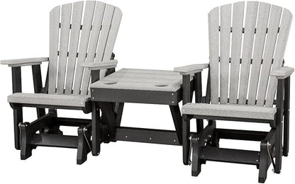 DutchCrafters Slat Fan Back Double Poly Adirondack Glider Outdoor Patio Chairs with Center Table (Black & Light Gray)