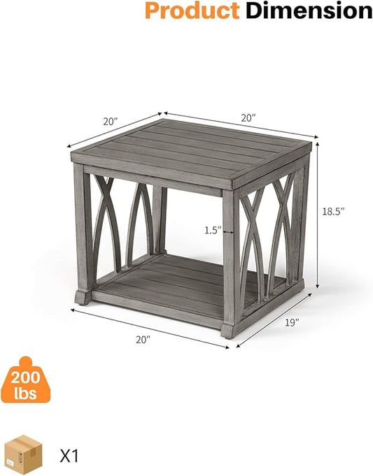 Aluminum Outdoor Side Table, 20.3" Square Patio End Table with Double-Layer Storage Design, Modern Waterproof Patio Side Tables with Adjustable Feet for Balcony, Deck, Porch, Limed Oak