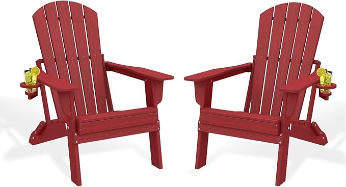 Folding Adirondack Chair Set of 2，Wooden Textured Fire Pit Chair with Cup Holder, Heavy All-Weather HDPE Plastic Outdoor Patio Chairs for Poolside Backyard Patio Outdoor Garden