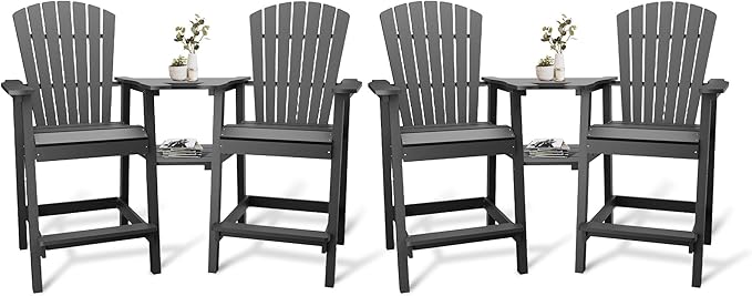 Outdoor Recycled Poly Adirondack Barstools with Connecting Tray, Tall Adirondack Chairs Bar Chairs for Deck, Balcony, Backyard, Patio Bar Stool Chair with High Back Weather Resistant Set of 4