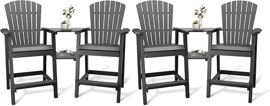 Outdoor Recycled Poly Adirondack Barstools with Connecting Tray, Tall Adirondack Chairs Bar Chairs for Deck, Balcony, Backyard, Patio Bar Stool Chair with High Back Weather Resistant Set of 4