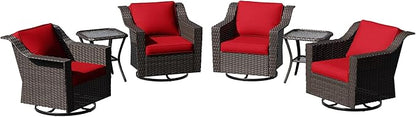 6 Pieces Patio Conversation Furniture Set - 4 Swivel Chairs, 2 Side Tables, Outdoor Wicker Furniture with Removable Cushions for Porch, Sunroom (Red)