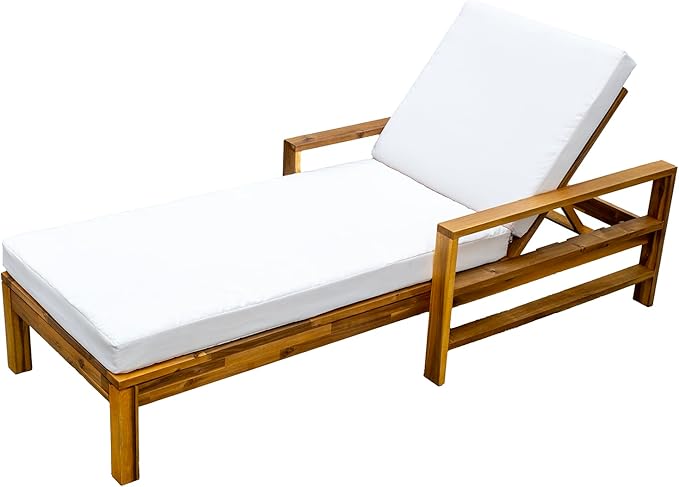 Outdoor Acacia Wood Chaise Lounges with Adjustable Backrest and Cushion, Patio Reclining Lounge Chair for Porch Backyard Balcony Poolside (Natural+Beige)
