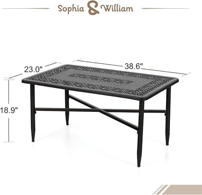Sophia & William Patio Coffee Table Rectangle, Modern Outdoor Cast Aluminum Coffee Table 38.6" L x 23.0" W x 18.9" H, Brown