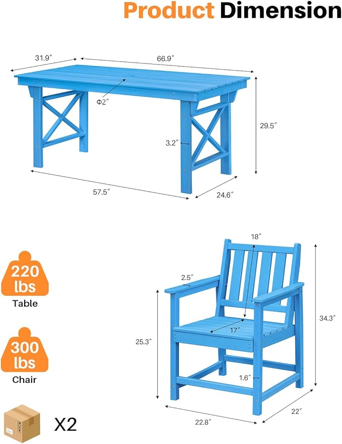HDPE Patio Dining Set, 5-Piece Outdoor Table and Chairs with Umbrella Hole, Modern Outdoor Dining Set for 4 - Photo 5