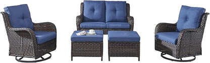 Rilyson Wicker Patio Furniture Set - 5 Piece Rattan Outdoor Sectional Conversation Sets with 2 Rocking Swivel Chairs,2 Ottomans and 1 Loveseat for Porch Deck Garden(Brown/Blue)