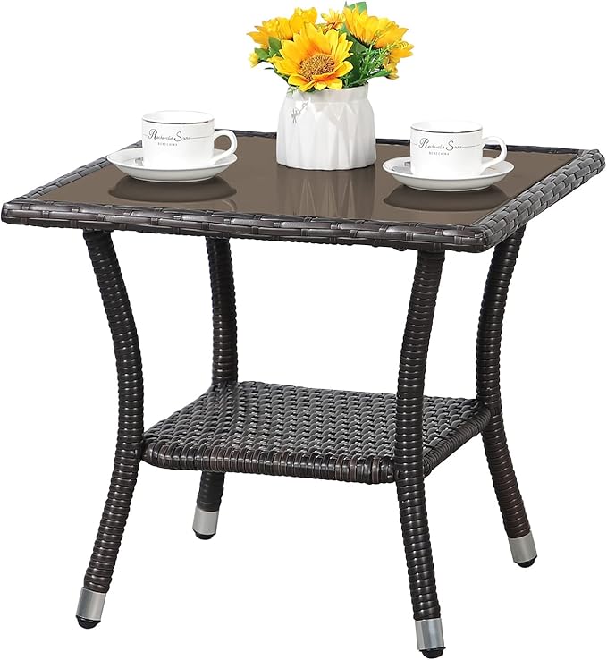 Patiorama Outdoor Wicker Patio Side Table, Weather Resistant Rattan Coffee Table, Square End Table, Aluminum Frame, Espresso Brown