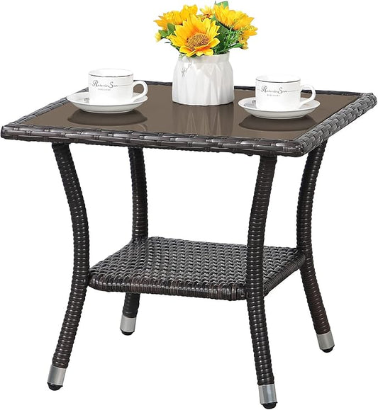 Patiorama Outdoor Wicker Patio Side Table, Weather Resistant Rattan Coffee Table, Square End Table, Aluminum Frame, Espresso Brown
