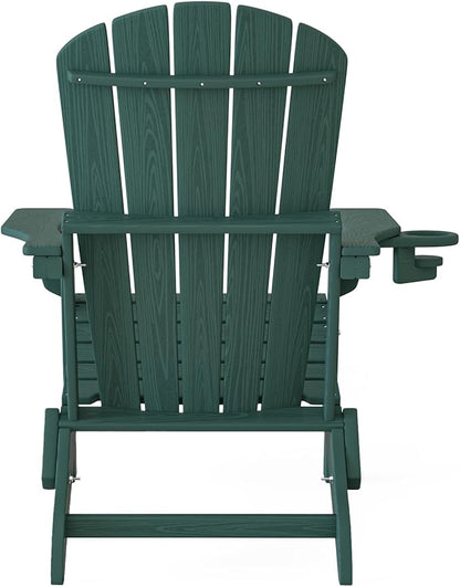 Plawdlik Folding Adirondack Chair, SGS Tested, Wooden Textured with Cup Holder, Heavy All-Weather HDPE Comfortable Set Poolside Backyard Lawn Green Set 4