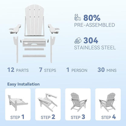 Mdeam 3-Level Adjustable Adirondack Chair with Retractable Ottoman, HDPE All-Weather Folding Fire Pit Chair with 2 Cup Holders, Outdoor Chair for Deck Patio Garden Backyard Lawn (White)