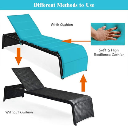 COSTWAY Patio Rattan Lounge Chair Cushioned Chaise Recliner Chair with Adjustable Back Garden Backyard Poolside Turquoise