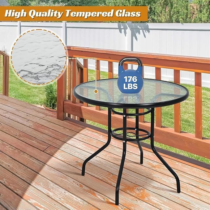 32in Outdoor Table Patio Dining Table Outdoor Dining Table with Umbrella Hole Round Tempered Glass for Yard Bistro Lawn Balcony (Black, Round 31x31x28in)
